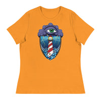A yellow gold t-shirt with an old school eye of the storm tattoo design of large dark purple storm clouds at the top of the design with a green eye in the middle of the clouds.  Below the clouds is an oval shape with brown rope. Inside the rope are stormy seas and lightning striking at a lighthouse that is white and red striped like a barber pole.