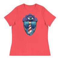 A medium red t-shirt with an old school eye of the storm tattoo design of large dark purple storm clouds at the top of the design with a green eye in the middle of the clouds.  Below the clouds is an oval shape with brown rope. Inside the rope are stormy seas and lightning striking at a lighthouse that is white and red striped like a barber pole.