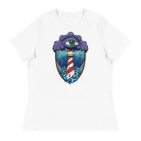 A white t-shirt with an old school eye of the storm tattoo design of large dark purple storm clouds at the top of the design with a green eye in the middle of the clouds.  Below the clouds is an oval shape with brown rope. Inside the rope are stormy seas and lightning striking at a lighthouse that is white and red striped like a barber pole.