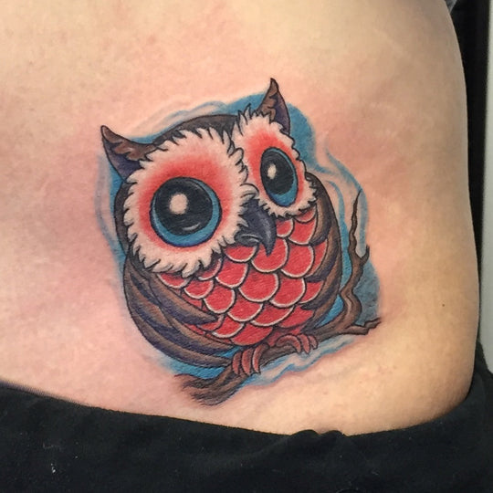A neo-traditional style owl tattoo in brown and red with blue eyes sitting on a small branch.