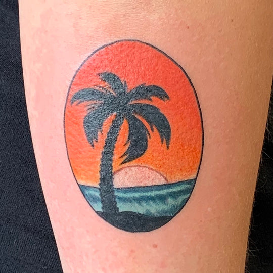 A small oval containing a palm tree in black, waves in blue, and a sun set in orange.