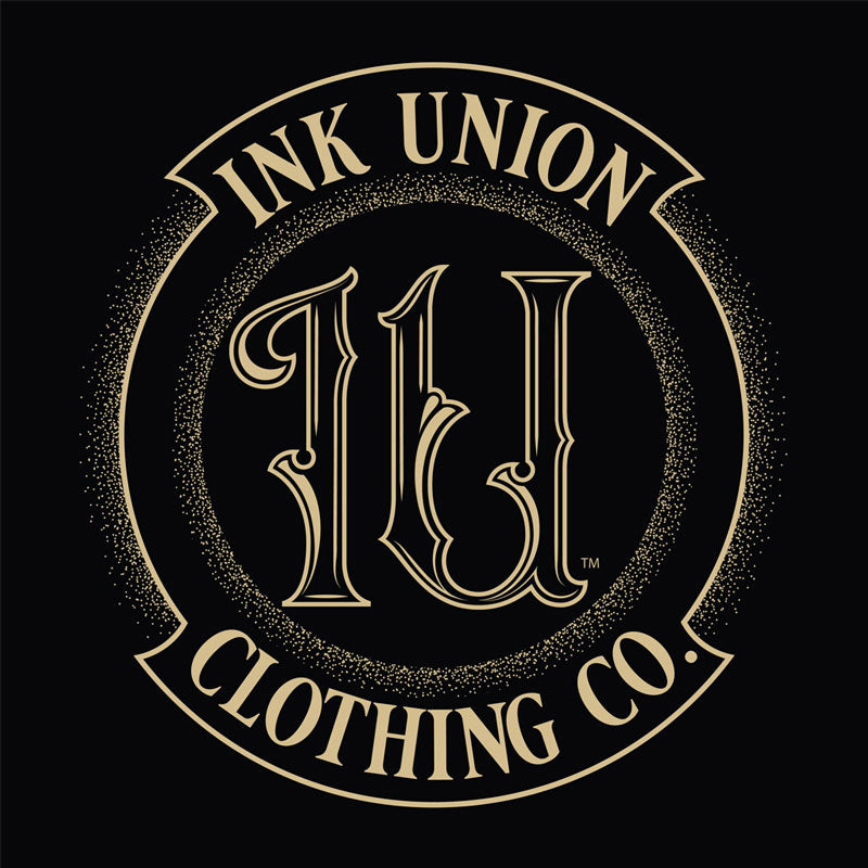 A black background with the Ink Union Clothing Co gold badge logo containing fancy lettering and dot work gradients.