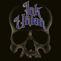 A square black background adorned with a gold dot work human skull and the words Ink Union in fancy gold and blue lettering across the forehead of the skull.