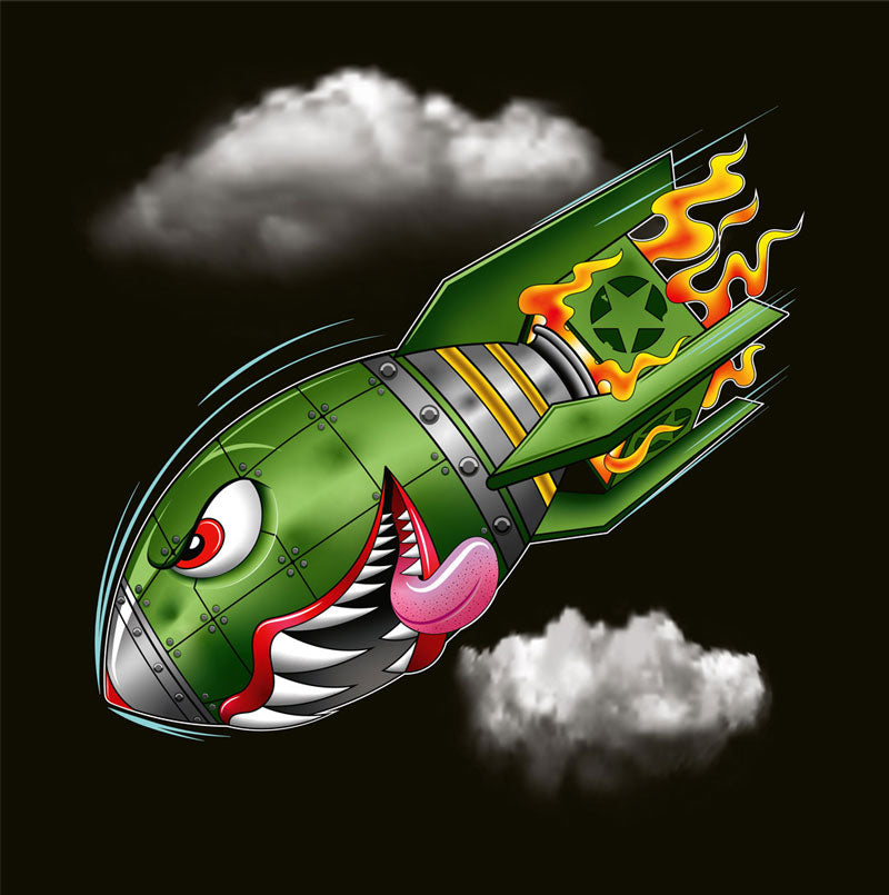 A black background with a military green neo-traditional bomb tattoo design. The bomb is falling with a look of determination in its eyes, an evil toothy grin, and its tongue hanging out of its mouth. Flames are coming from the back of the bomb, and some clouds are in the background.