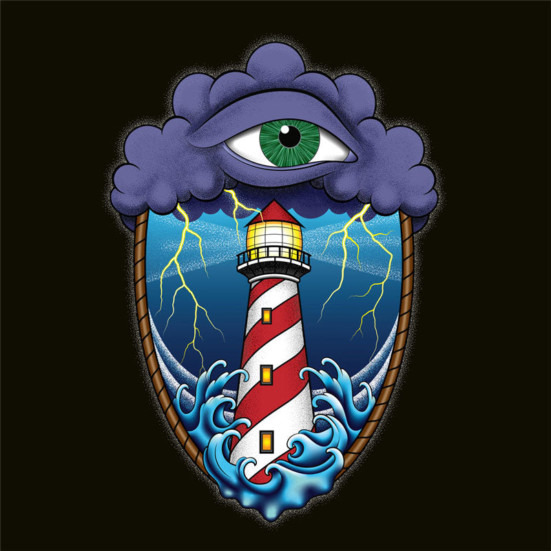 A black background with an old school eye of the storm tattoo design of large dark purple storm clouds at the top of the design with a green eye in the middle of the clouds.  Below the clouds is an oval shape with brown rope. Inside the rope are stormy seas and a lighthouse with lightning striking in the background.  At the bottom of the design, some of the waves are spilling out of the rope barrier. The sky and seas are hues of blue; the lighthouse is white and red striped like a barber pole.