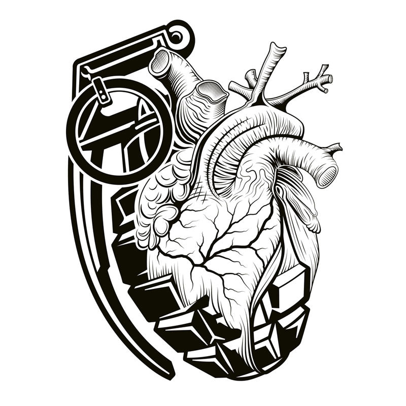A white background with a black grenade of sold color and line work morphing into an anatomical heart drawn using line work and hatching for shading at the top right of the image.