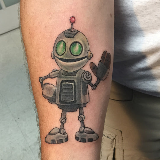 Cartoon character clank tattoo in color.