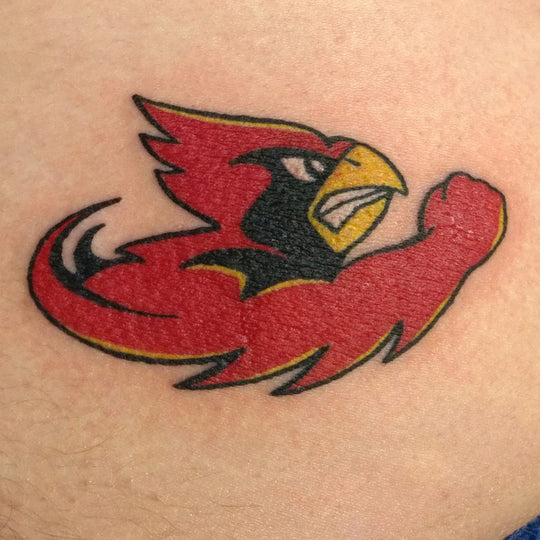 Color tattoo of the Iowa Cyclones cardinal mascot.