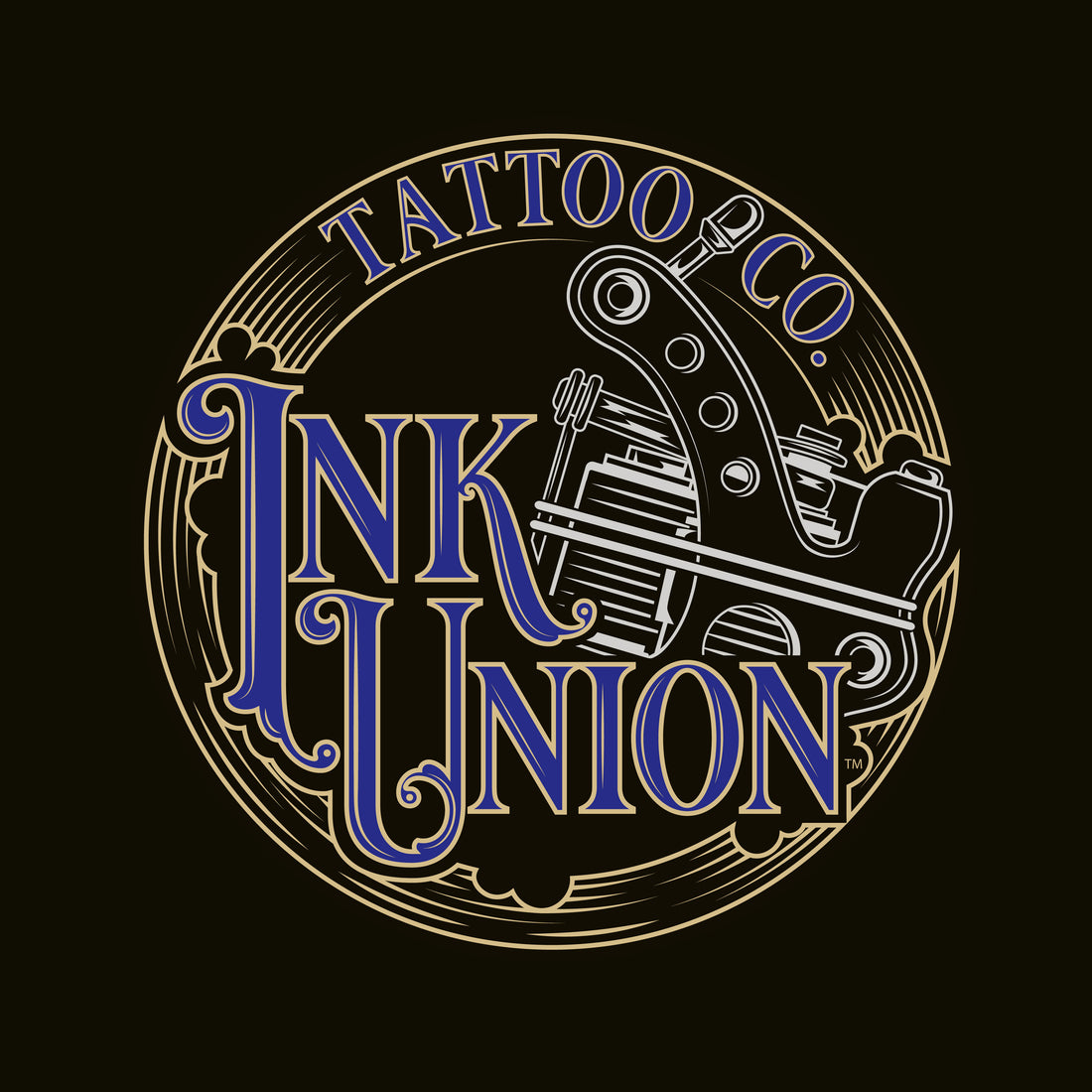 A black square adorned with the Ink Union Tattoo Co. blue and gold with a Silver tattoo machine logo.