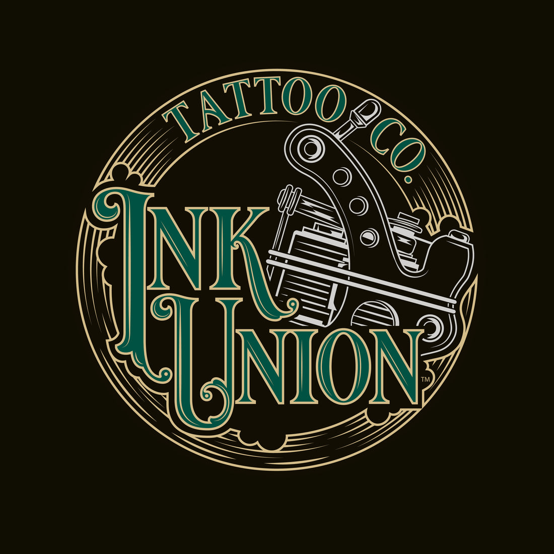 A black square adorned with the Ink Union Tattoo Co. green and gold with a Silver tattoo machine logo.