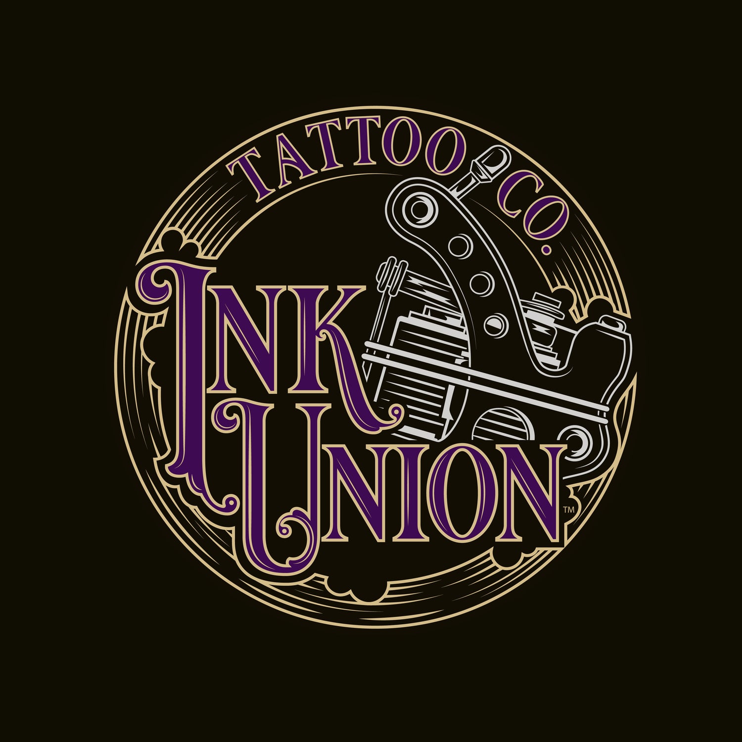 A black square adorned with the Ink Union Tattoo Co. Purple and gold with a Silver tattoo machine logo.