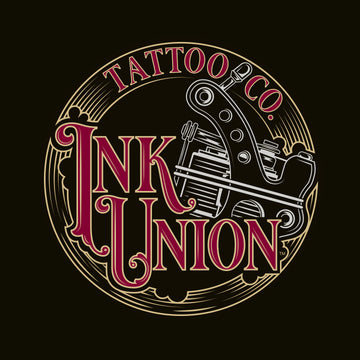 A black square adorned with the Ink Union Tattoo Co. red and gold with a Silver tattoo machine logo.