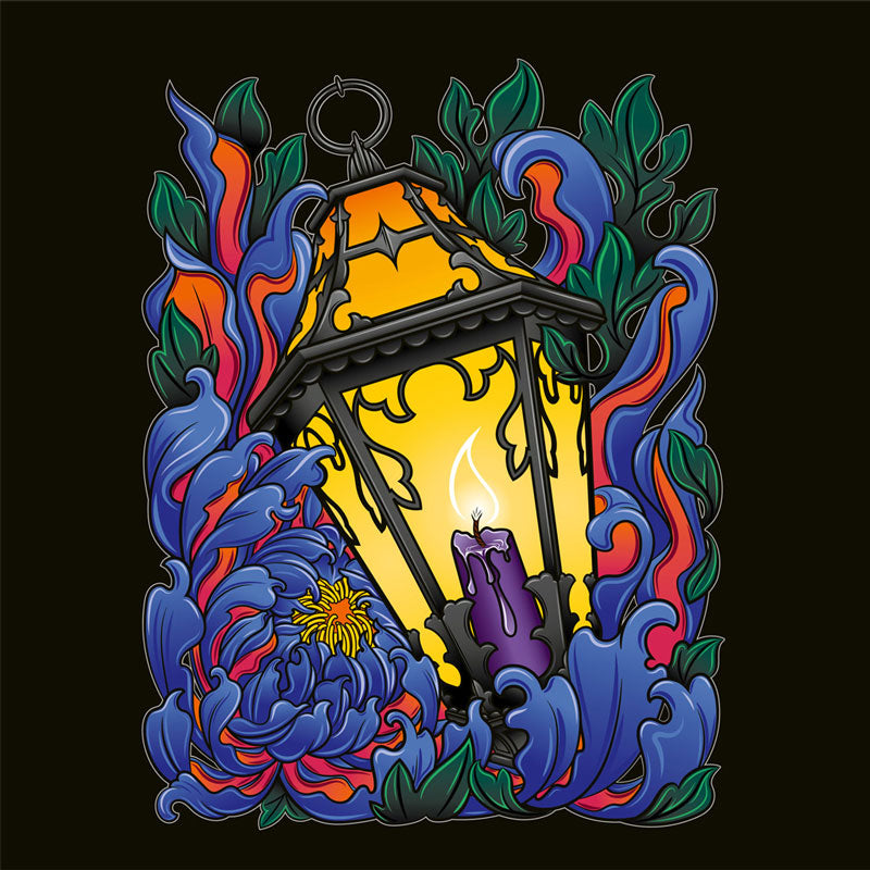 A black background with Chrysanthemum petals in blues and reds wrapped around an antique lantern lit by a candle. Dark green leaves behind the flower petals.