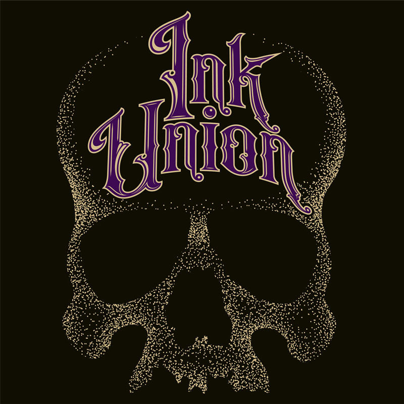A square black background adorned with a gold dot work human skull  and the words Ink Union in fancy gold and purple lettering across the forehead of the skull.