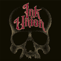 A black square background adorned with a gold dot work human skull  and the words Ink Union in fancy gold and red lettering across the forehead of the skull.