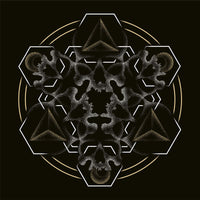 A black background with a mandala built from white dot work skulls and gold and white geometric shapes.
