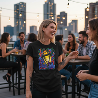 Beacon in the Night Tee — Tattooed white female model wearing black Ink Union beacon in the night gothic lantern with chrysanthemum flowers lantern art unisex graphic tee laughing with friends at rooftop bar at dusk with city skyline and Edison bulb string lights in background — alternative streetwear, tattoo artist t-shirt, unisex graphic tee, edgy cool fashion