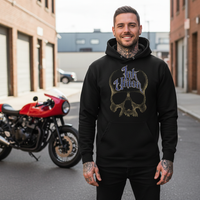 Blue & Gold Dot Work Skull Hoodie — Tattooed male model wearing black Ink Union Tattoo Co. blue and gold dot work skull graphic hoodie standing in front of red café racer motorcycle — alternative streetwear, tattoo artist sweatshirt, unisex heavy blend hoodie, edgy cool fashion

