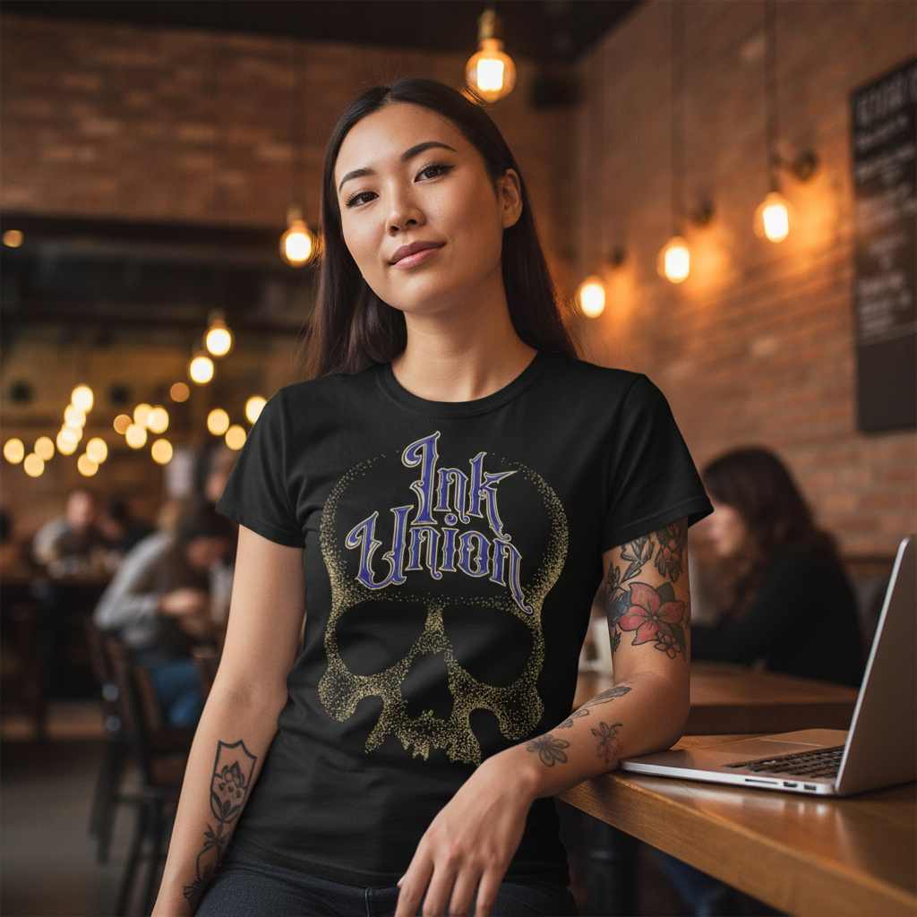 Blue & Gold Dot Work Skull Tee — Tattooed East Asian female model wearing black Ink Union Tattoo Co. blue and gold dot work skull graphic tee seated at cozy coffee shop with exposed brick walls and warm Edison bulb lighting — alternative streetwear, tattoo artist t-shirt, unisex graphic tee, edgy cool fashion