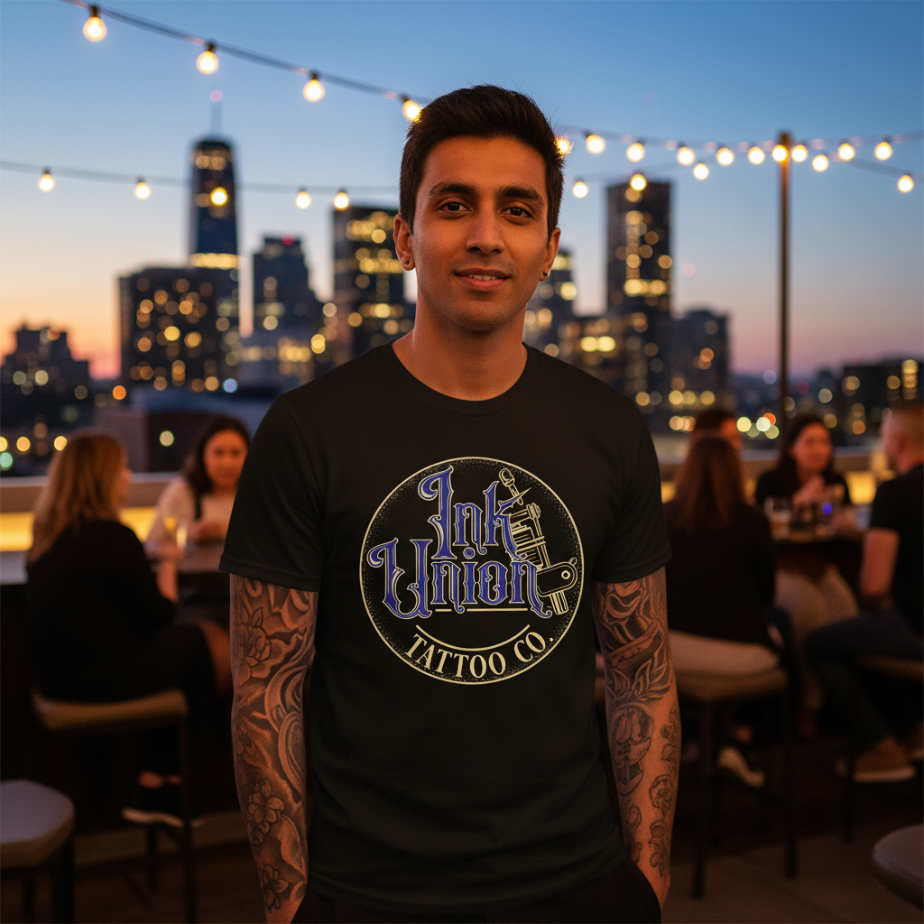 Blue & Gold Machine Tee — Tattooed South Asian male model wearing black Ink Union Tattoo Co. blue and gold flash art tattoo machine soft style unisex tee at rooftop bar at dusk with city skyline in background — alternative streetwear, tattoo artist t-shirt, unisex graphic tee, edgy cool fashion


