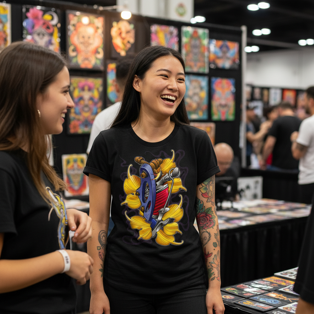 Blue Iron Lining Machine Tee — Tattooed East Asian female model wearing black Ink Union blue iron lining tattoo machine with gold flowers bold art unisex graphic tee laughing with friend at tattoo convention with colorful artwork booths in background — alternative streetwear, tattoo artist t-shirt, unisex graphic tee, tattoo culture fashion