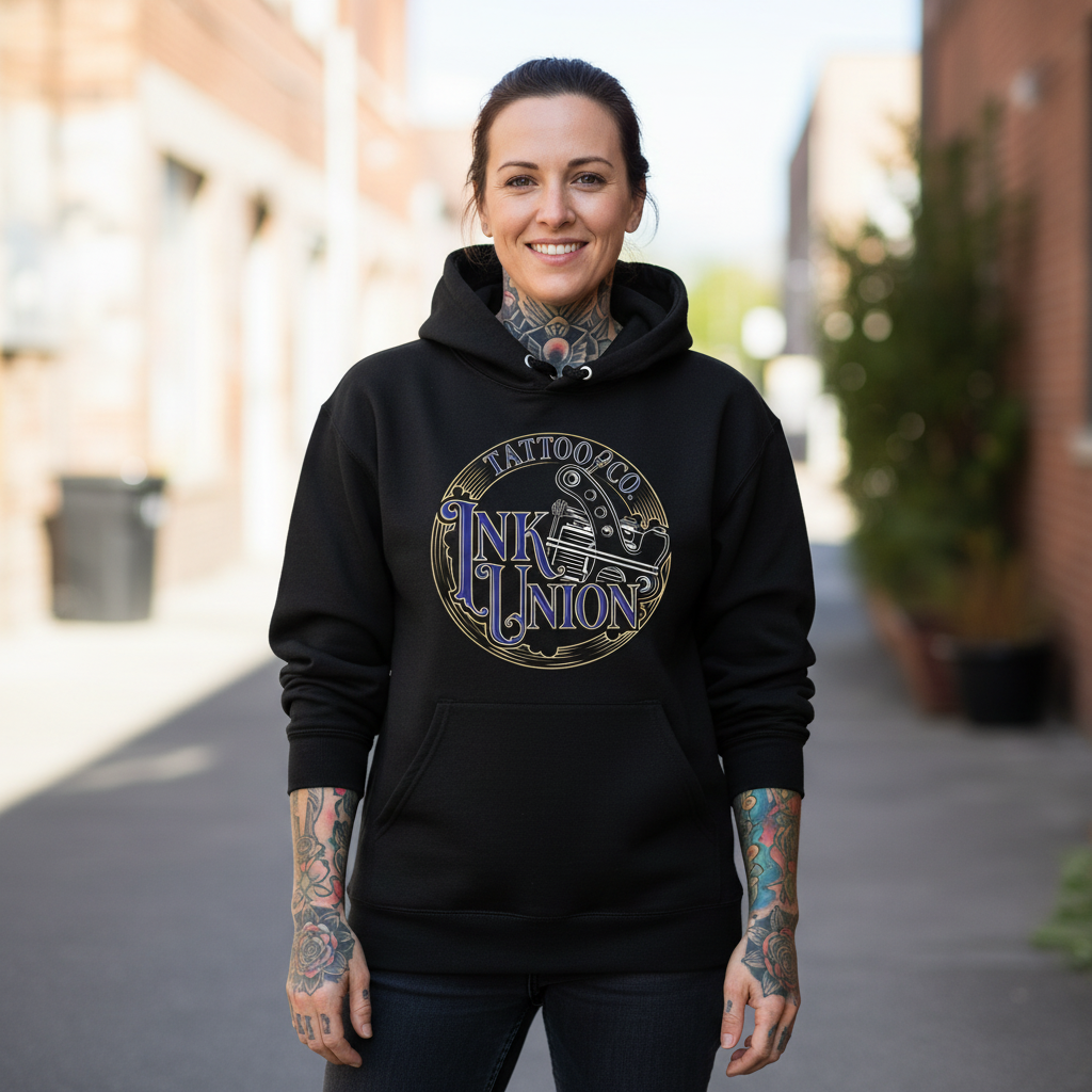 Tattooed female model wearing black Ink Union Tattoo Co. blue script tattoo machine graphic hoodie — alternative streetwear, tattoo artist sweatshirt, unisex heavy blend hoodie, edgy cool fashion

