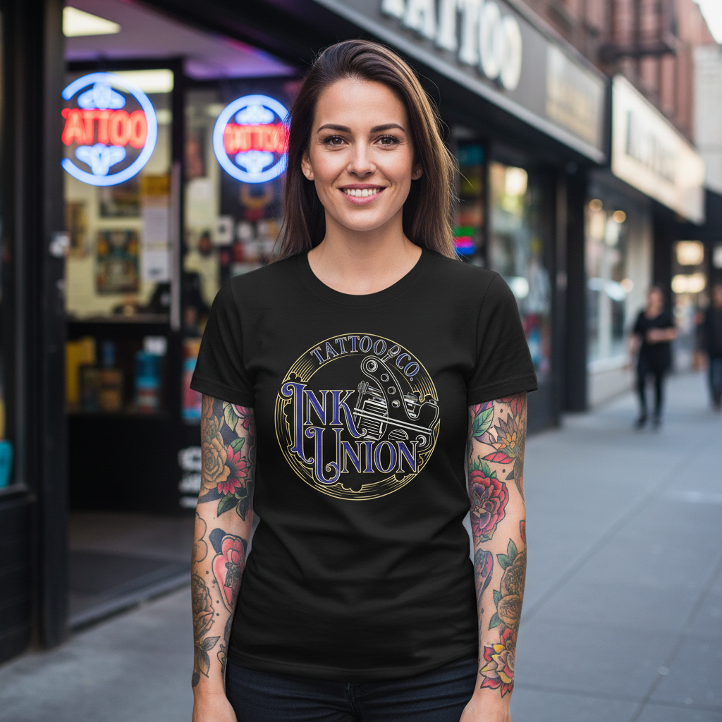 Blue Script Tee — Tattooed female model wearing black Ink Union Tattoo Co. blue script tattoo machine graphic t-shirt in front of tattoo shop storefront — alternative streetwear, tattoo artist tee, unisex graphic t-shirt, edgy cool fashion
