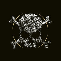 A square black background  adorned with a roughly cross-hatched skull and crossbones in white.  Solid gold arcs give the image the impression of movement towards the end of the crossbones.
