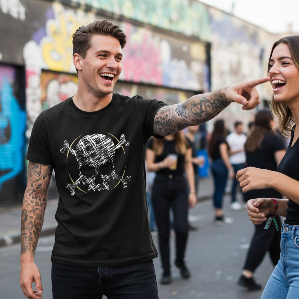 Dark Sketch Skull Tee — Tattooed white male model wearing black Ink Union dark sketch skull and crossbones gothic art unisex graphic tee laughing with friend at outdoor street art festival with colorful graffiti murals in background — alternative streetwear, tattoo artist t-shirt, unisex graphic tee, edgy cool fashion