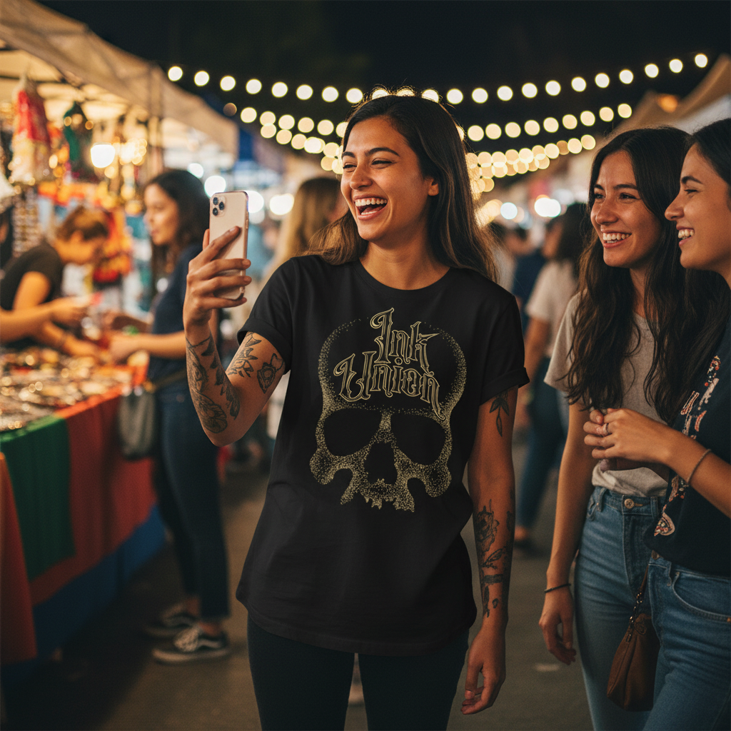 Dot Work Skull Tee — Tattooed South Asian female model wearing black Ink Union gold dotwork skull tattoo art unisex graphic tee laughing with friend at outdoor night market with warm string lights and colorful vendor stalls in background — alternative streetwear, tattoo artist t-shirt, unisex graphic tee, edgy cool fashion