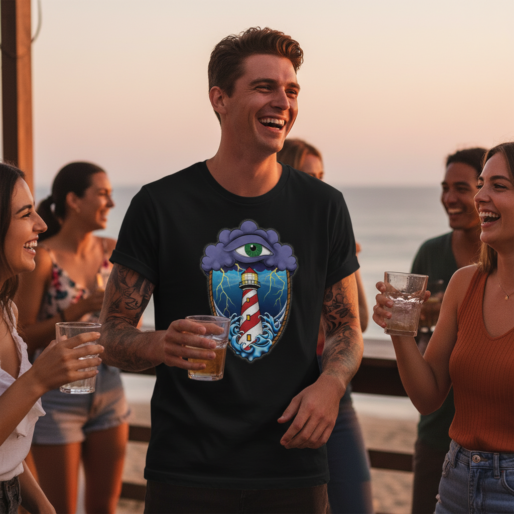 Eye of the Storm Tee — Tattooed white male model wearing black Ink Union eye of the storm lighthouse surrealist art unisex graphic tee raising a drink with friend at coastal bar at golden hour with ocean and warm sky in background — alternative streetwear, tattoo artist t-shirt, unisex graphic tee, surrealist nautical art fashion