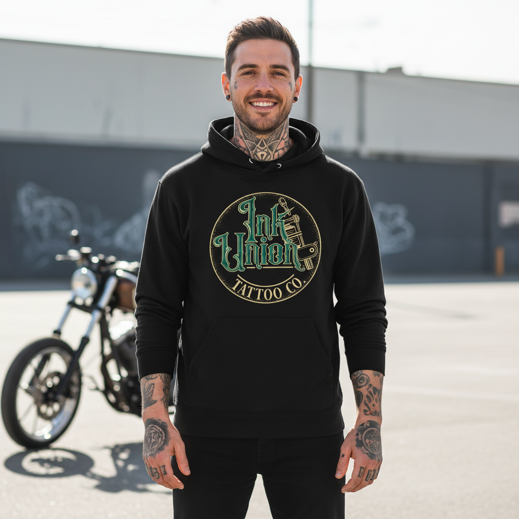 Green & Gold Flash Art Hoodie — Tattooed male model wearing black Ink Union Tattoo Co. green and gold flash art tattoo machine hoodie with custom chopper motorcycle in background — alternative streetwear, tattoo artist sweatshirt, unisex heavy blend hoodie, edgy cool fashion

