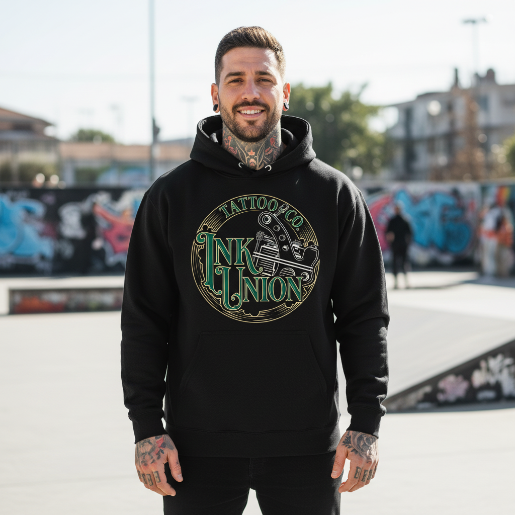 Green Script Hoodie — Urban Plaza Tattooed male model wearing black Ink Union Tattoo Co. green script tattoo machine graphic hoodie at urban plaza — alternative streetwear, tattoo artist sweatshirt, unisex heavy blend hoodie, edgy cool fashion