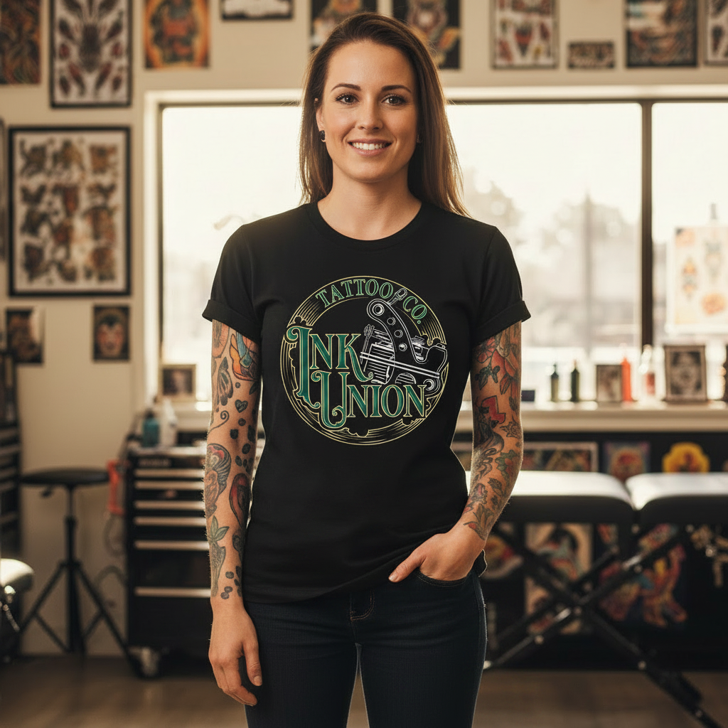 Green Script Tee —Tattooed female model wearing black Ink Union Tattoo Co. green script tattoo machine graphic t-shirt inside a tattoo shop — alternative streetwear, tattoo artist tee, unisex graphic t-shirt, edgy cool fashion