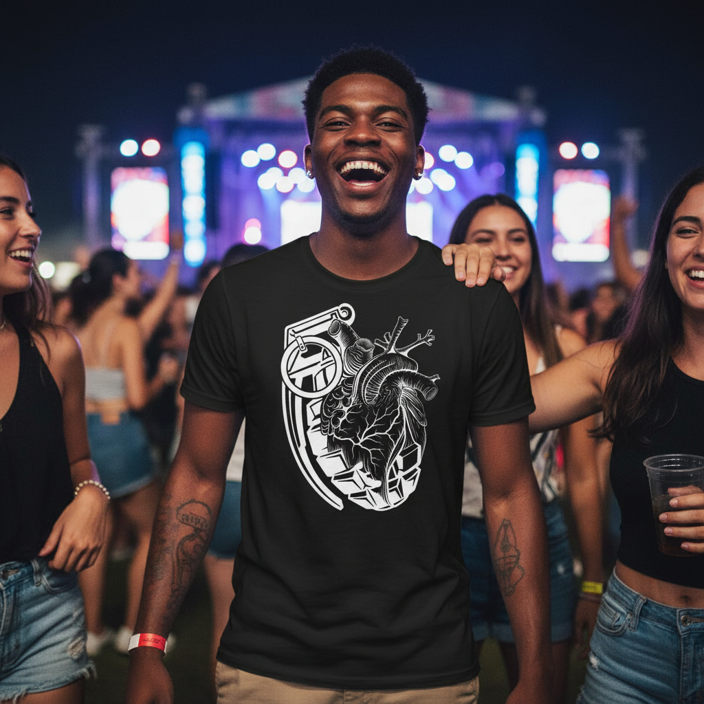 Heart Attack Vol. 1 Tee — Tattooed Black male model wearing black Ink Union heart attack anatomical heart grenade bold art unisex graphic tee laughing with arm around friend at outdoor music festival with stage lights and crowd in background — alternative streetwear, tattoo artist t-shirt, unisex graphic tee, bold dark art fashion