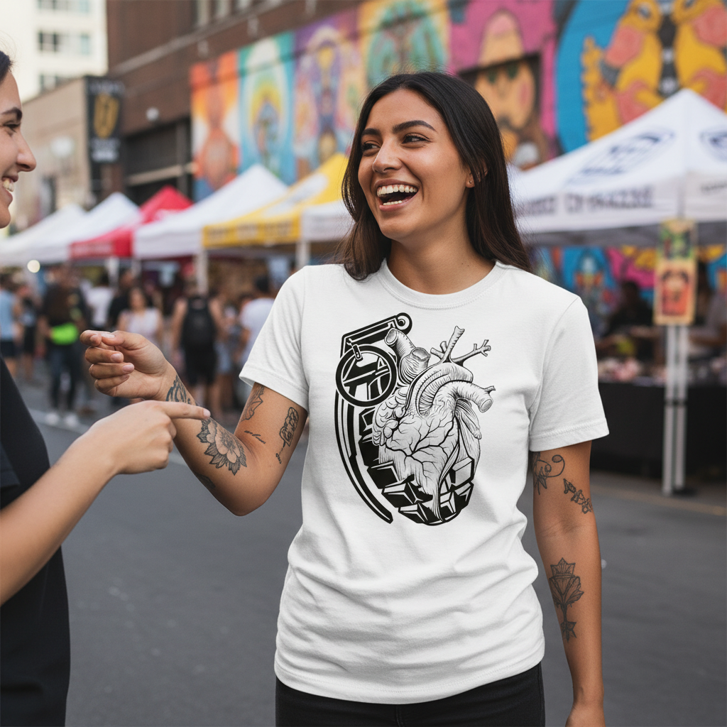 Heart Attack Vol. 2 Tee — Tattooed Latina female model wearing white Ink Union heart attack anatomical heart grenade bold art unisex graphic tee laughing with friend at outdoor street art fair with colorful murals and vendor tents in background — alternative streetwear, tattoo artist t-shirt, unisex graphic tee, bold dark art fashion