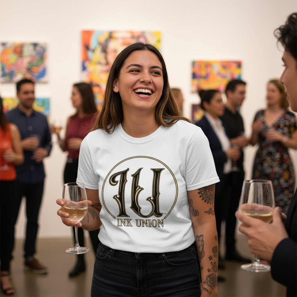 Ink Union Circle Logo Tee — Tattooed Hispanic female model wearing white Ink Union Tattoo Co. IU circle logo brand art unisex graphic tee laughing with friends at indoor art gallery opening with colorful artwork and diverse crowd in background — alternative streetwear, tattoo artist t-shirt, unisex graphic tee, edgy cool fashion

