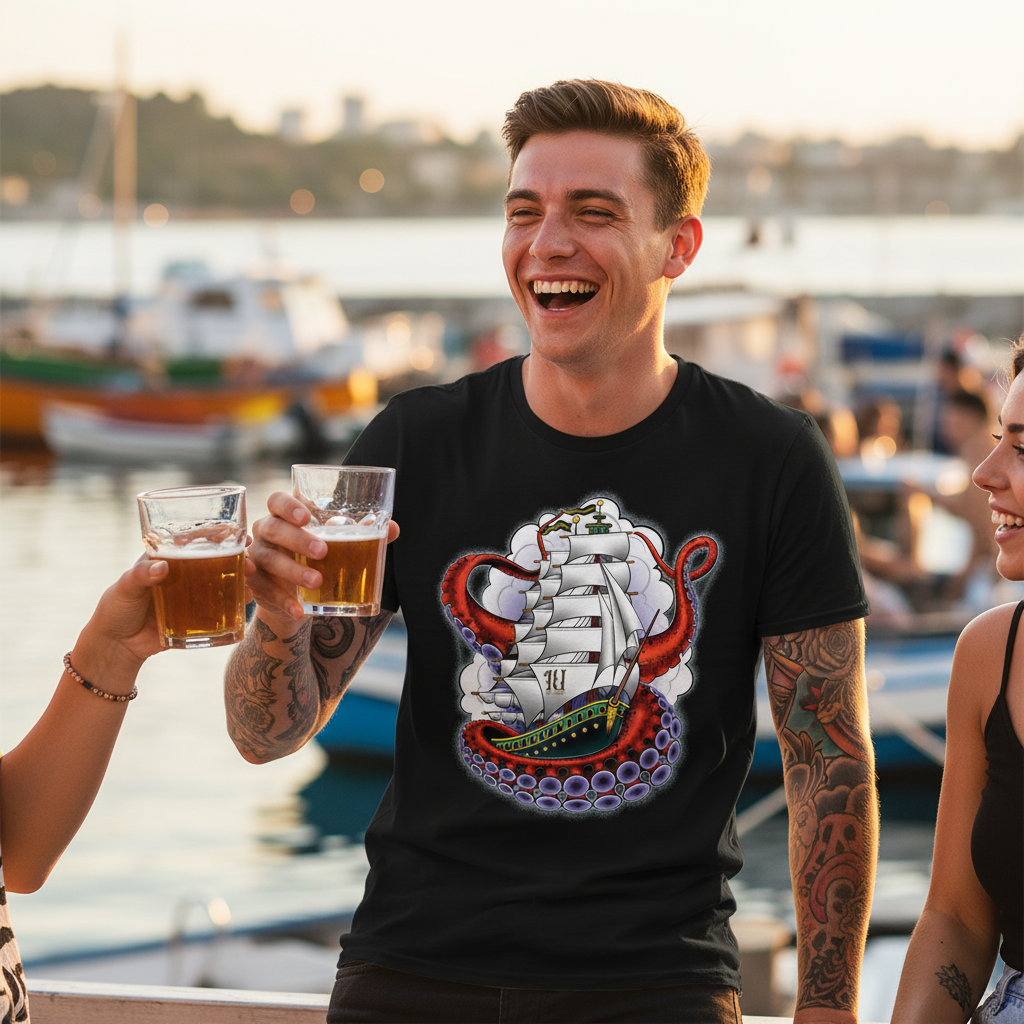 Kraken Nautical Tee — Tattooed white male model wearing black Ink Union kraken nautical tattoo sailing ship alternative art unisex graphic tee clinking glasses with friend at lively waterfront bar with boats and harbor in background — alternative streetwear, tattoo artist t-shirt, unisex graphic tee, nautical tattoo fashion