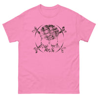 A pink t-shirt adorned with a roughly cross-hatched skull and crossbones in black.  Solid black arcs give the image the impression of movement towards the end of the crossbones.