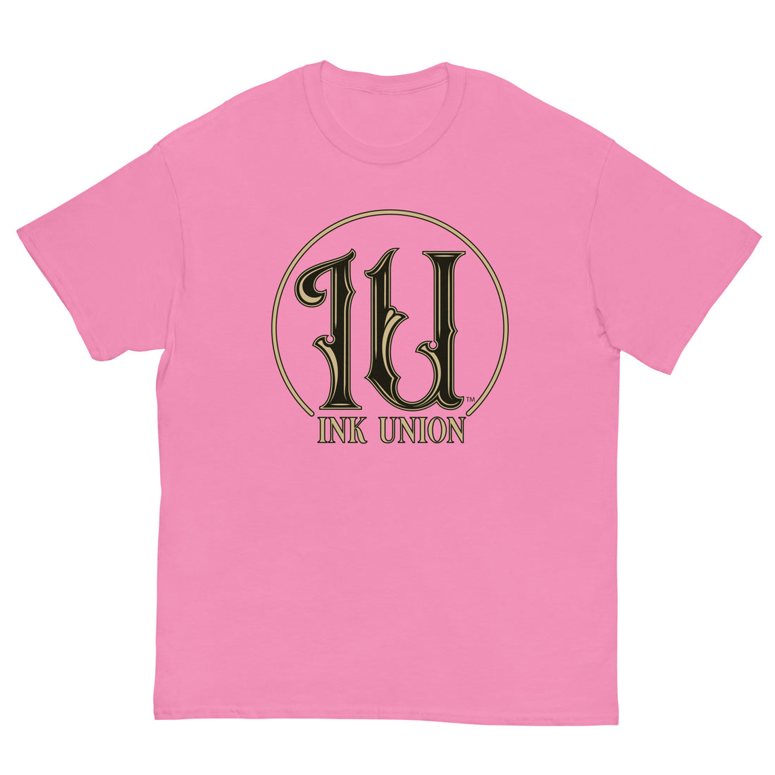 Ink Union Clothing Co. pink t-shirt featuring the Ink Union ring logo in black and gold.