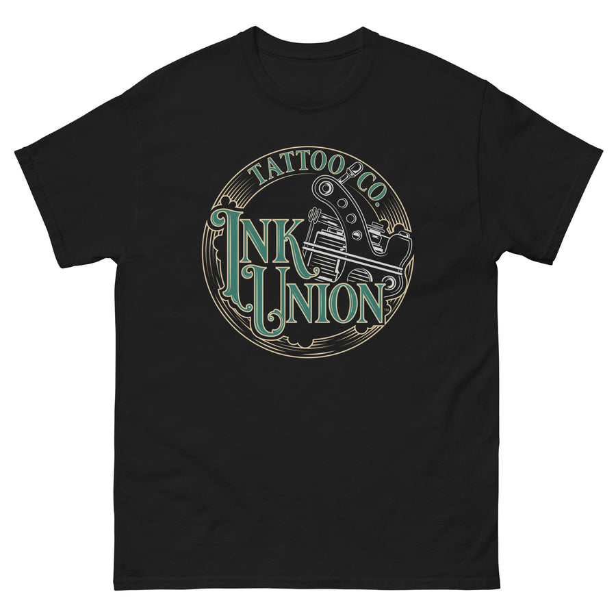 A black t-shirt adorned with the Ink Union Tattoo Co. green and gold with a Silver tattoo machine logo.