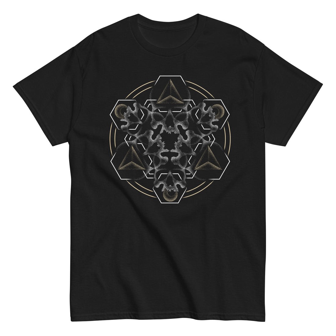 A black t-shirt with a mandala built from white dot work skulls and gold and white geometric shapes.