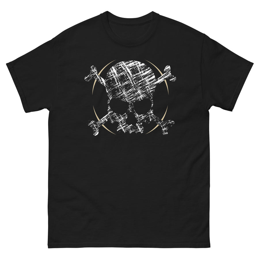 A black t-shirt adorned with a roughly cross-hatched skull and crossbones in white.  Solid gold arcs give the image the impression of movement towards the end of the crossbones.