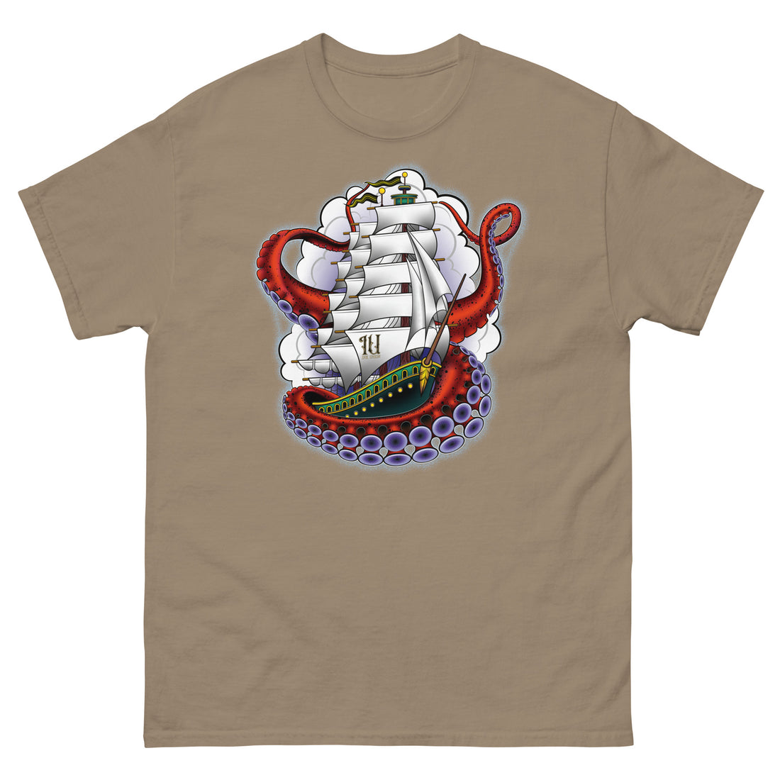 A medium brown t-shirt with an old-school clipper ship tattoo design in green and brown with white sails surrounded by octopus tentacles in shades of red with purple tentacles. Behind the ship are purple-tinged clouds.
