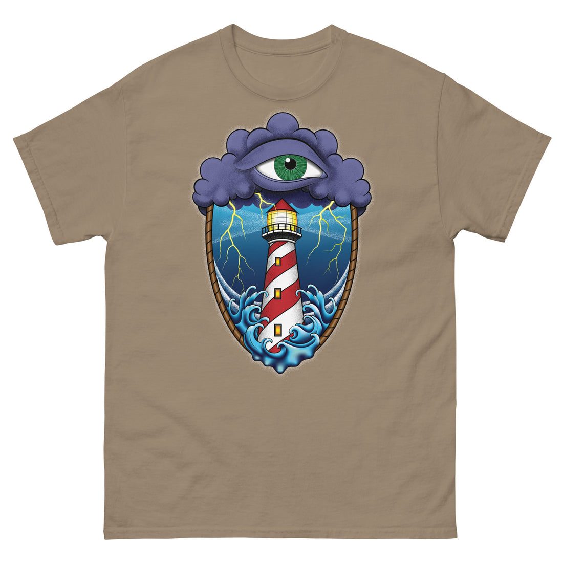 A brown t-shirt with an old school eye of the storm tattoo design of large dark purple storm clouds at the top of the design with a green eye in the middle of the clouds.  Below the clouds is an oval shape with brown rope. Inside the rope are stormy seas and a lighthouse with lightning striking in the background.  At the bottom of the design, some of the waves are spilling out of the rope barrier. The sky and seas are hues of blue; the lighthouse is white and red striped like a barber pole.