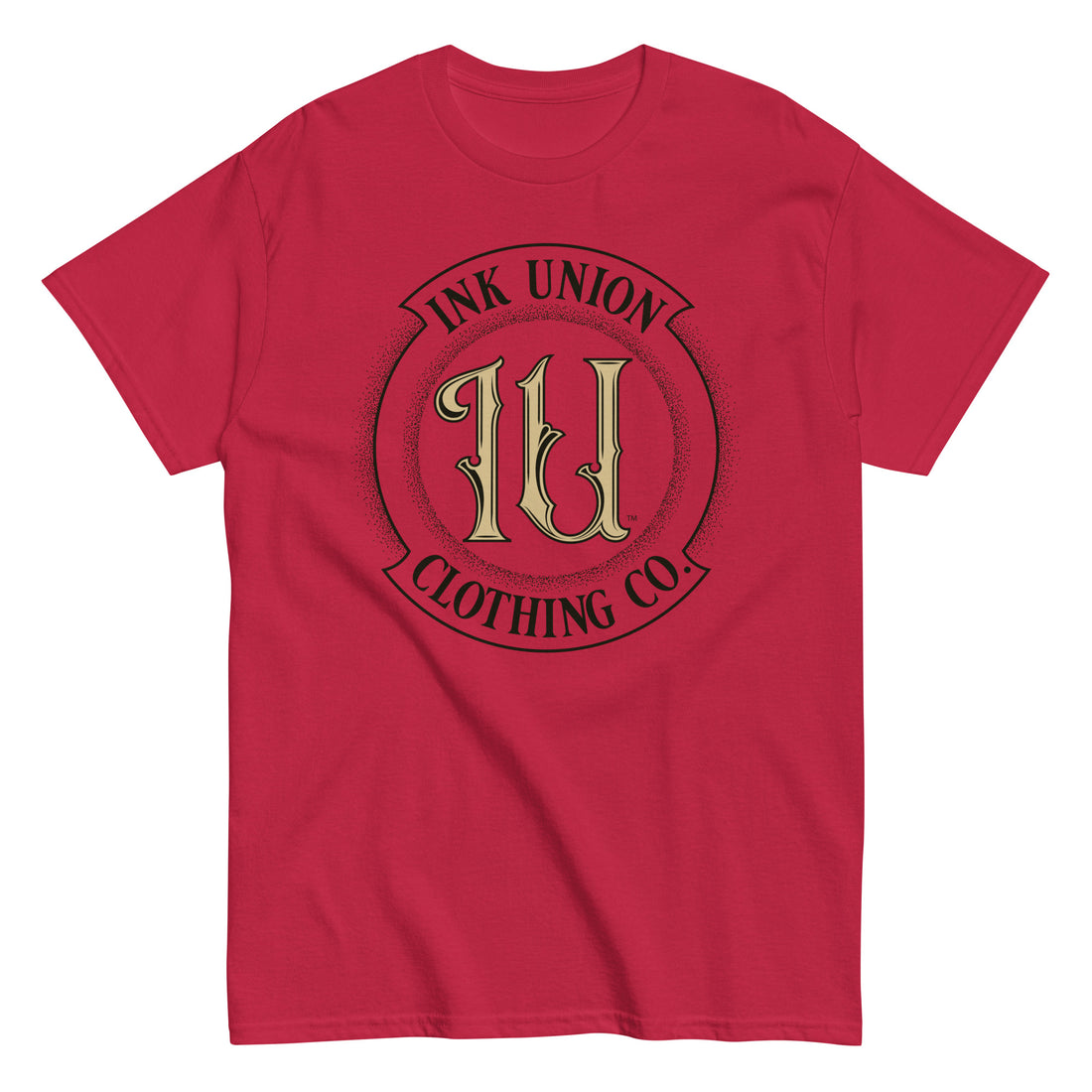 A cardinal red t-shirt with the Ink Union Clothing Co Badge logo in black and gold centered on the front of the shirt.