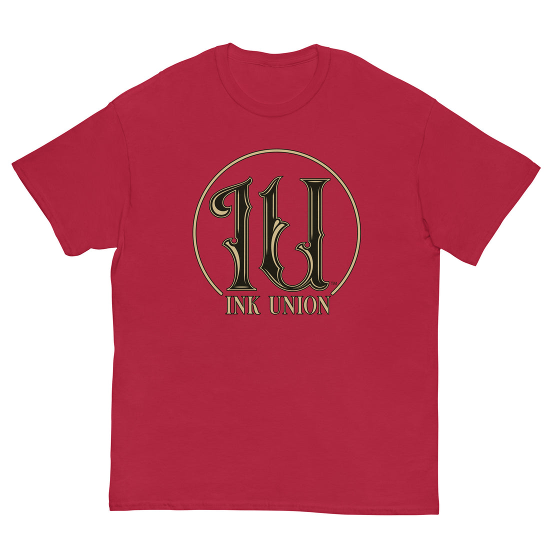 Ink Union Clothing Co. cardinal red t-shirt featuring the Ink Union ring logo in black and gold.