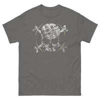 A charcoal t-shirt adorned with a roughly cross-hatched skull and crossbones in white.  Solid gold arcs give the image the impression of movement towards the end of the crossbones.