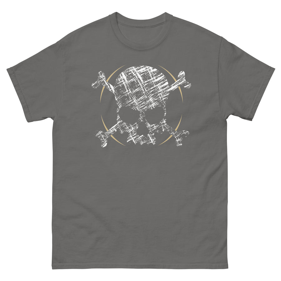 A charcoal t-shirt adorned with a roughly cross-hatched skull and crossbones in white.  Solid gold arcs give the image the impression of movement towards the end of the crossbones.