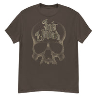 A dark chocolate brown t-shirt adorned with a gold dot work human skull  and the words Ink Union in fancy gold and black lettering across the forehead of the skull.